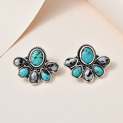 Artisan Crafted Sierra Nevada Turquoise and White Buffalo Stud Earrings in Sterling Silver 7.00 ctw