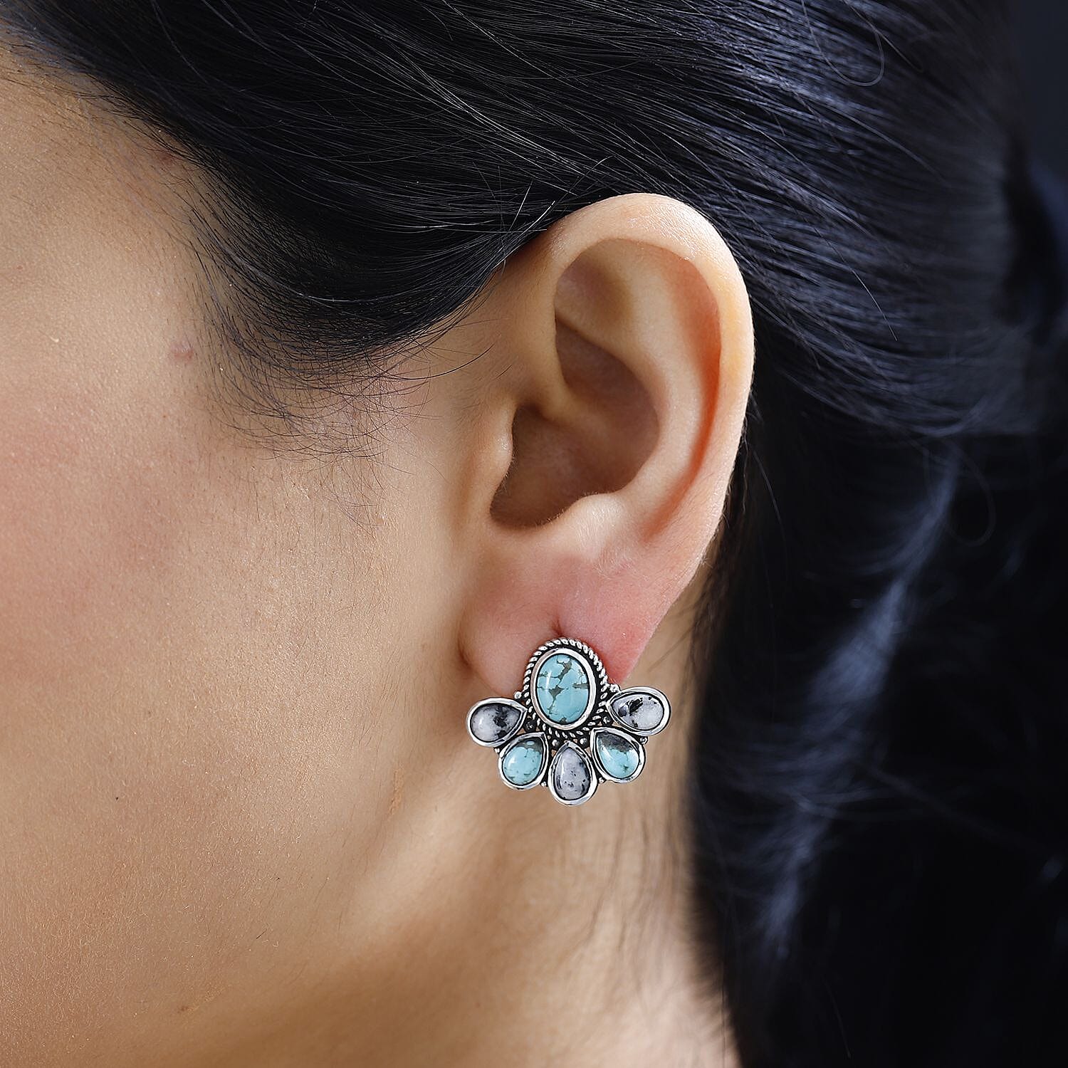 Artisan Crafted Sierra Nevada Turquoise and White Buffalo Stud Earrings in Sterling Silver 7.00 ctw
