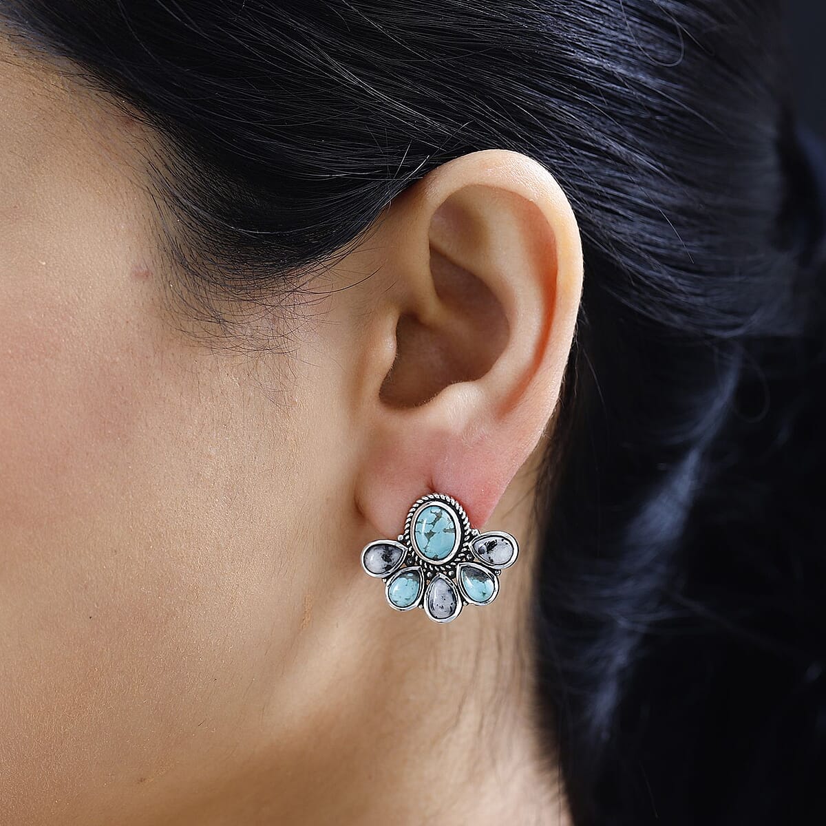Artisan Crafted Sierra Nevada Turquoise and White Buffalo Stud Earrings in Sterling Silver 7.00 ctw image number 2