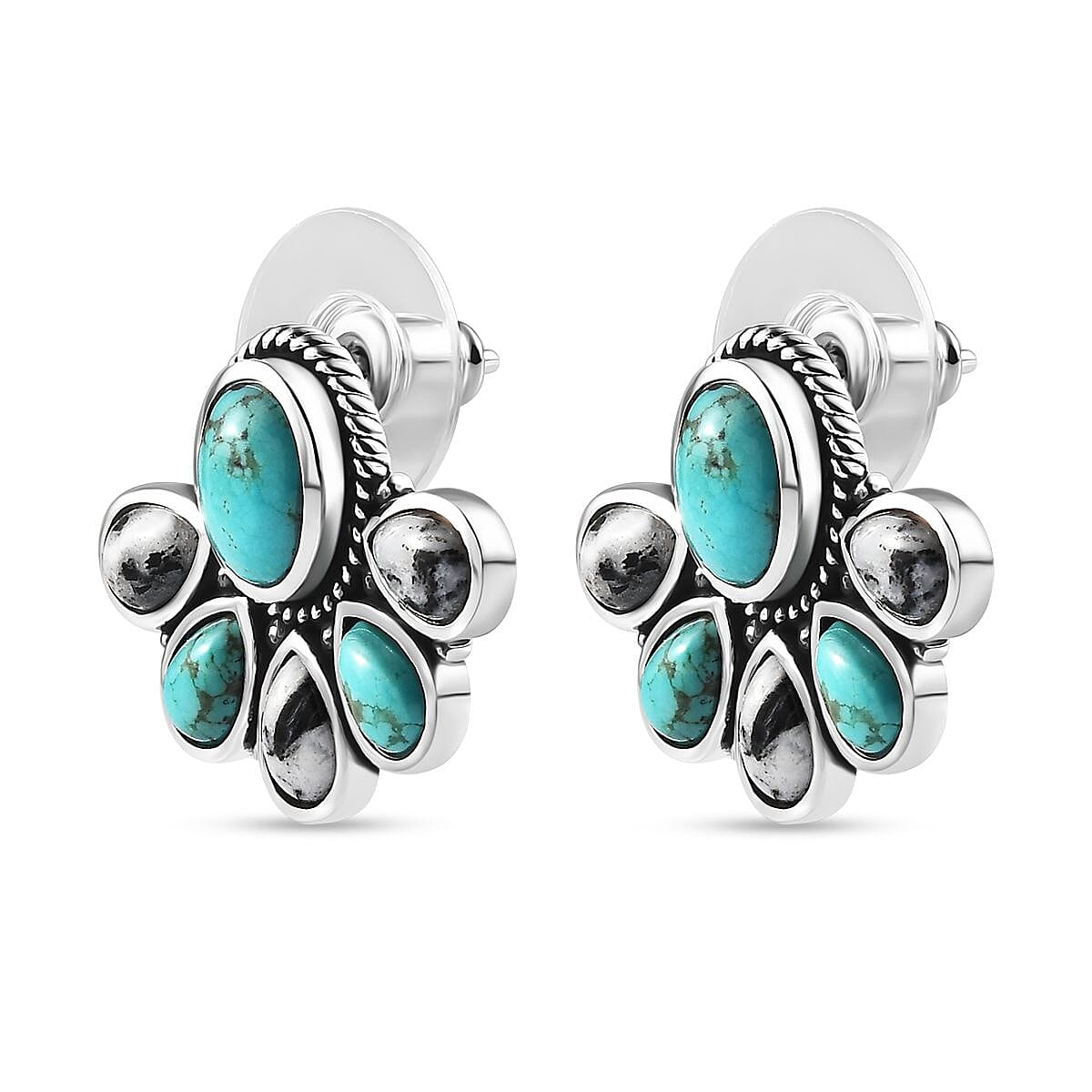 Artisan Crafted Sierra Nevada Turquoise and White Buffalo Stud Earrings in Sterling Silver 7.00 ctw image number 3