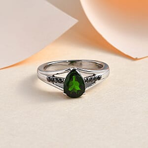 Chrome Diopside and Simulated Black Diamond Ring in Stainless Steel (Size 5.0) 1.25 ctw