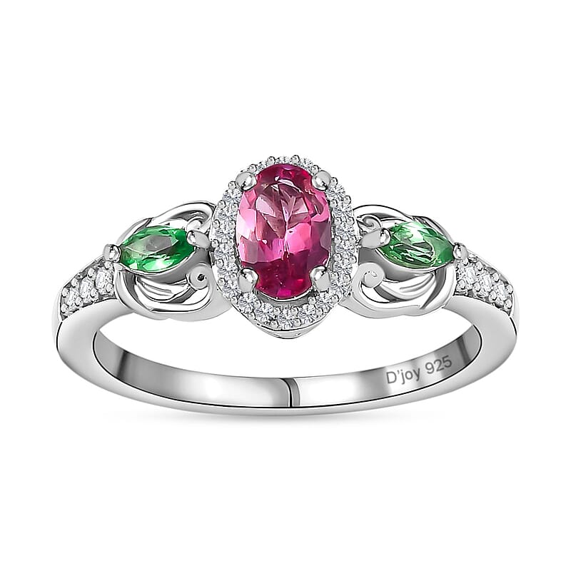 Ouro Fino Rubellite and Multi Gemstone Ring in Platinum Over Sterling Silver (Size 10.0) 0.85 ctw
