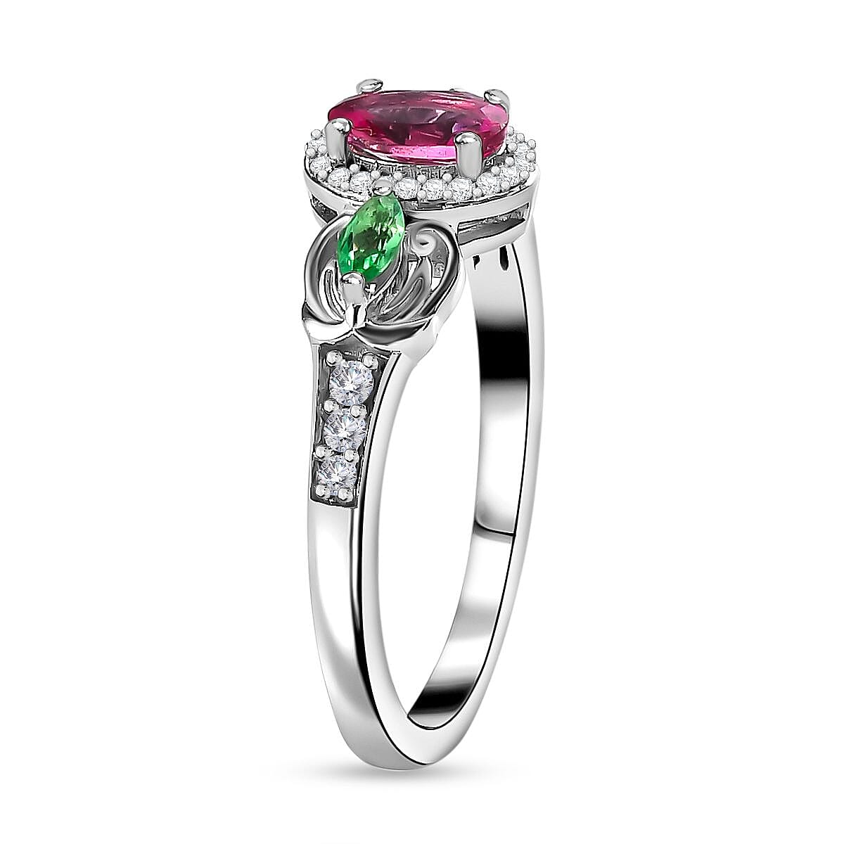 Ouro Fino Rubellite and Multi Gemstone Ring in Platinum Over Sterling Silver (Size 10.0) 0.85 ctw