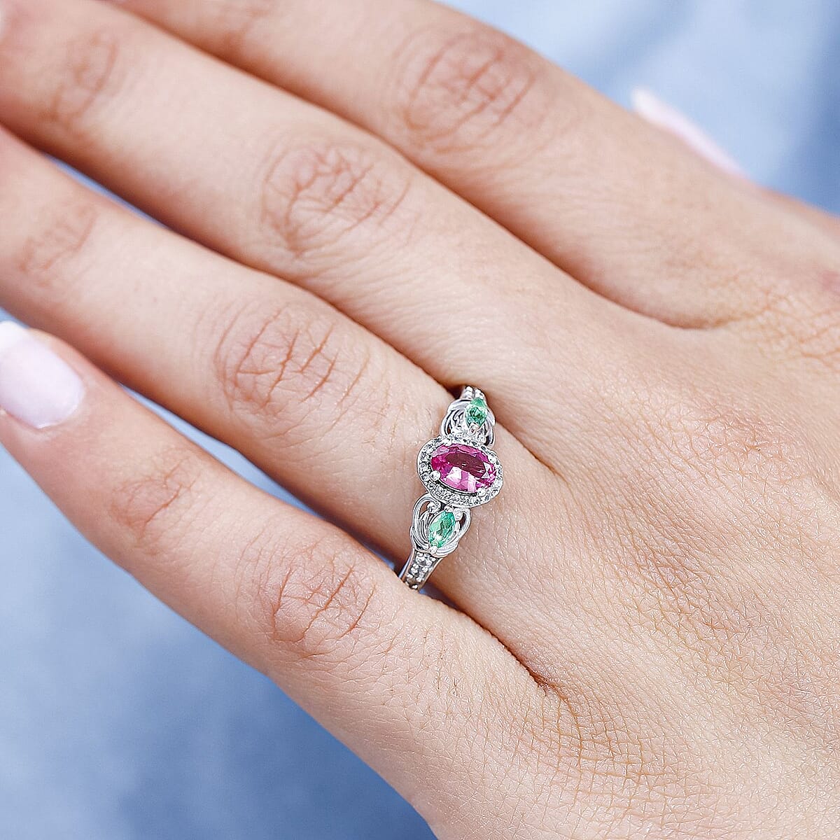 Ouro Fino Rubellite and Multi Gemstone 0.85 ctw Ring in Platinum Over Sterling Silver (Size 6.0) image number 2