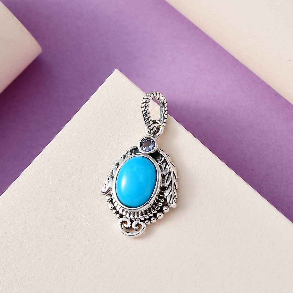 Artisan Crafted Premium Sleeping Beauty Turquoise and Tanzanite 1.65 ctw Leaf Pendant in Sterling Silver image number 1