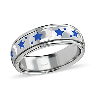 Fidget Ring Spinner Ring in 925 Sterling Silver Moon Star Anxiety Ring for Women Enameled Jewelry Birthday Gifts (Size 6.00)