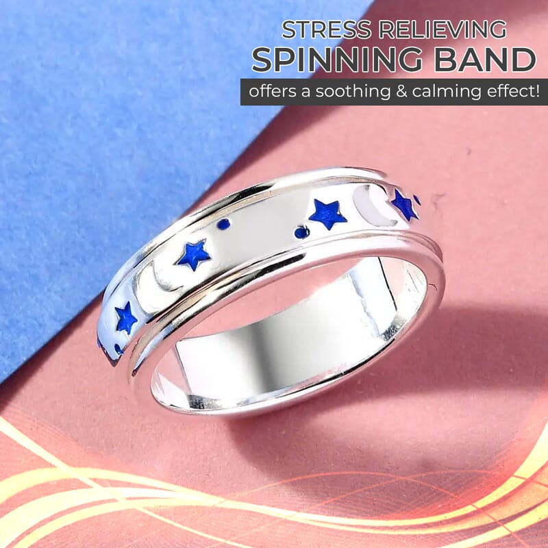 Fidget Ring Spinner Ring in 925 Sterling Silver Moon Star Anxiety Ring for Women Enameled Jewelry Birthday Gifts (Size 6.00)