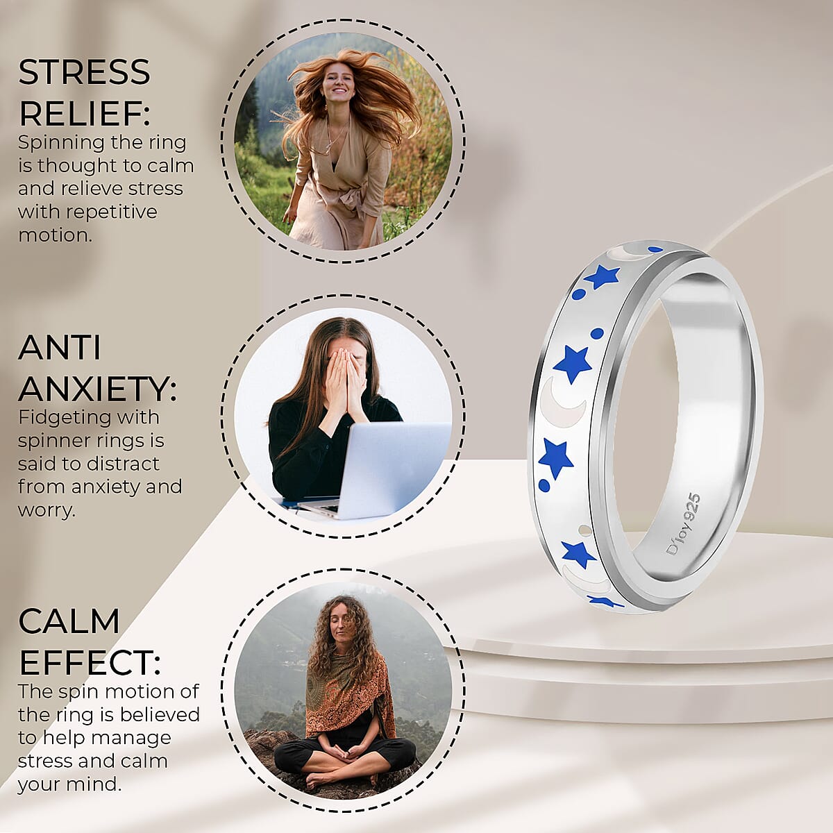 Fidget Ring Spinner Ring in 925 Sterling Silver Moon Star Anxiety Ring for Women Enameled Jewelry Birthday Gifts (Size 6.00) image number 3