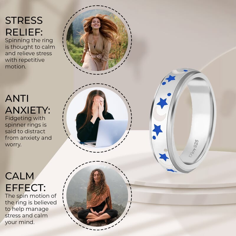Fidget Ring Spinner Ring in 925 Sterling Silver Moon Star Anxiety Ring for Women Enameled Jewelry Birthday Gifts (Size 6.00)