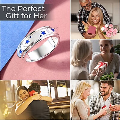Fidget Ring Spinner Ring in 925 Sterling Silver Moon Star Anxiety Ring for Women Enameled Jewelry Birthday Gifts (Size 6.00)