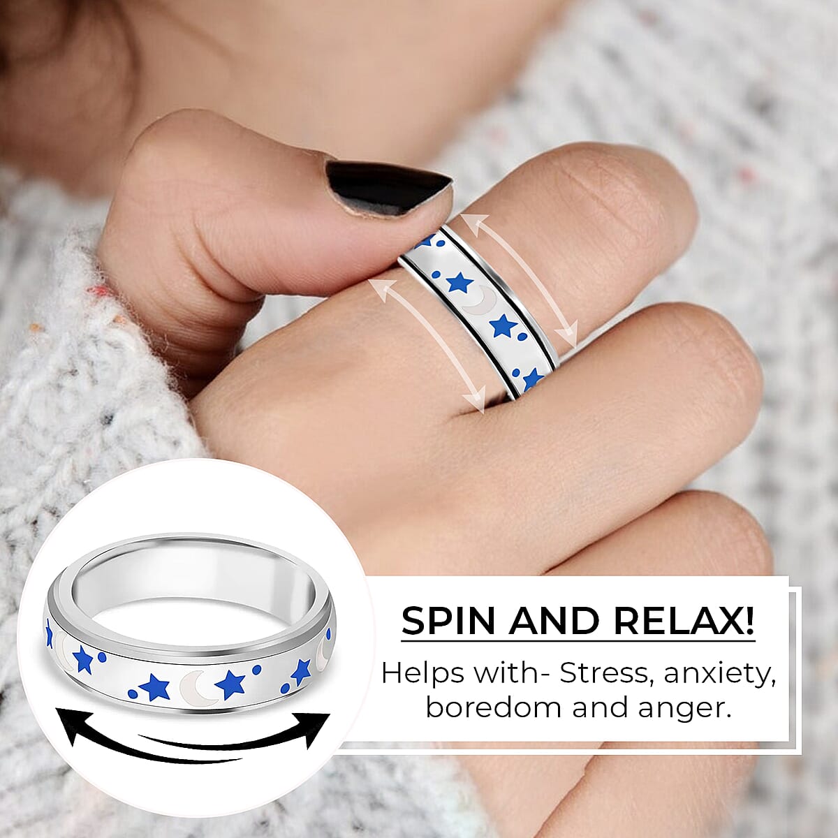 Sterling Silver Moon Star Spinner Band Ring (4.90 g) image number 2