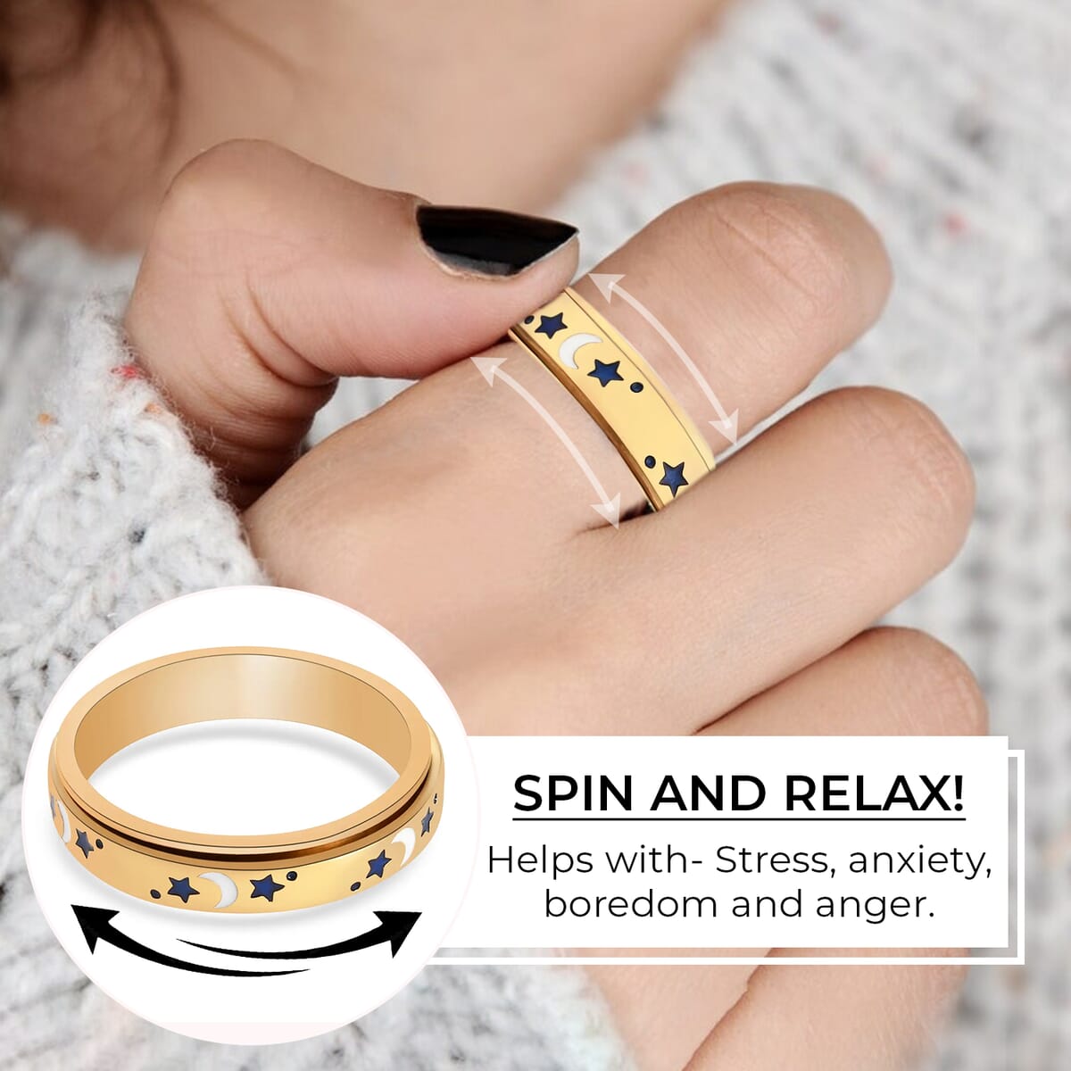 Fidget Ring Spinner Ring in 925 Sterling Silver Moon Star Anxiety Ring for Women Men Vermeil Yellow Gold Jewelry Birthday Gifts (Size 10.00) image number 2