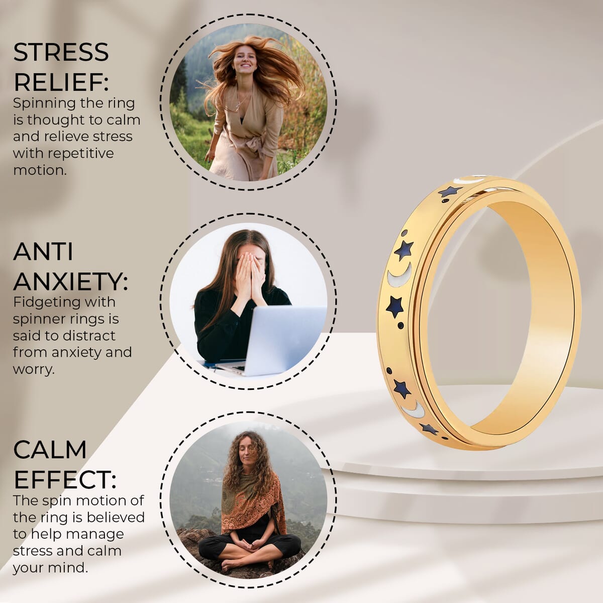 Fidget Ring Spinner Ring in 925 Sterling Silver Moon Star Anxiety Ring for Women Men Vermeil Yellow Gold Jewelry Birthday Gifts (Size 10.00) image number 3