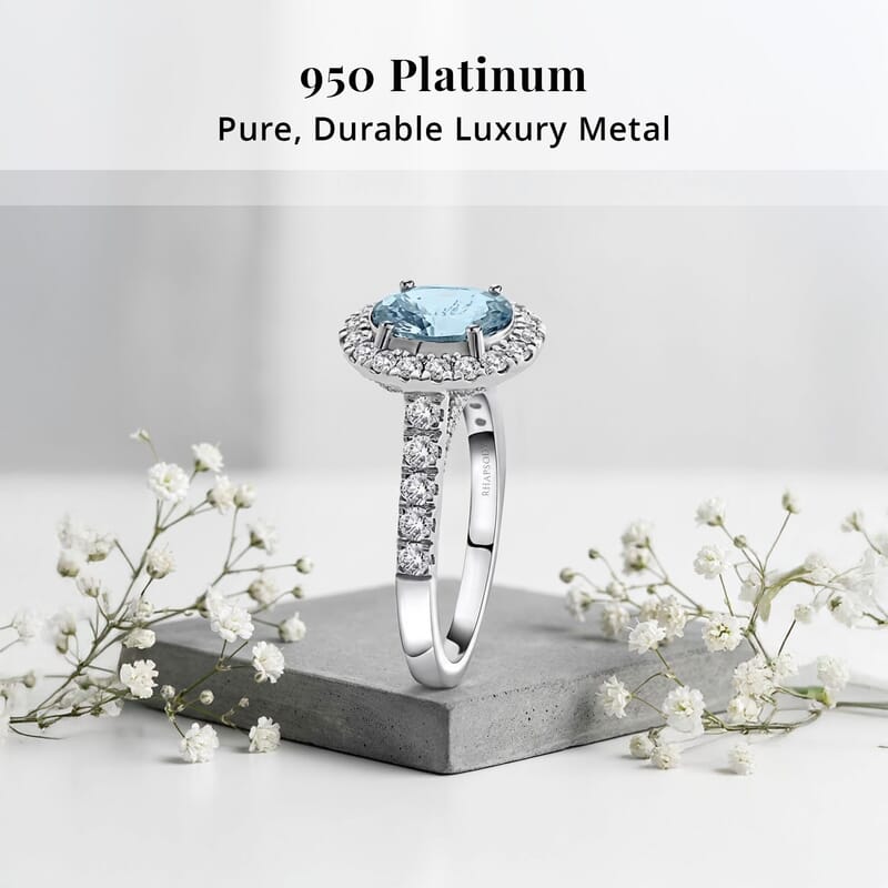 Certified & Appraised Rhapsody AAAA Santa Maria Aquamarine and E-F VS2 Diamond 2.50 ctw Halo Ring in 950 Platinum (Size 10) 6 Grams