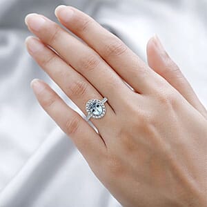 Certified & Appraised Rhapsody AAAA Santa Maria Aquamarine and E-F VS2 Diamond 2.50 ctw Halo Ring in 950 Platinum (Size 10.5) 6 Grams