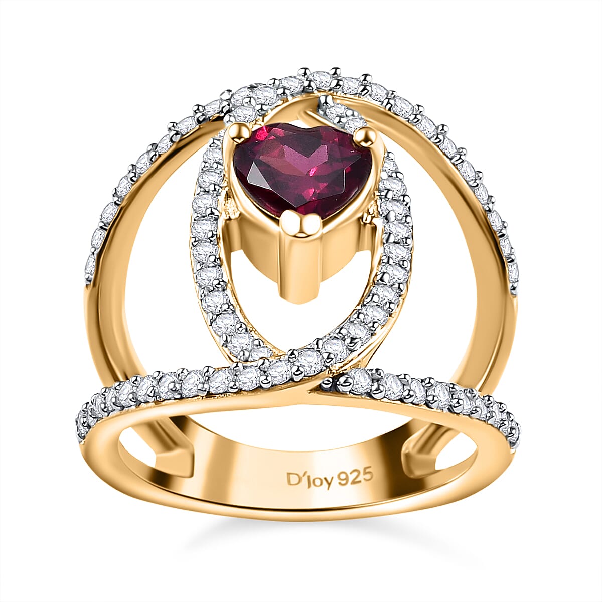 Orissa Rhodolite Garnet and Moissanite Double Row Intertwined Heart Ring in Vermeil Yellow Gold Over Sterling Silver (Size 5.0) 1.70 ctw