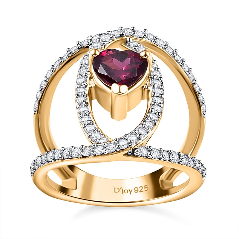 Orissa Rhodolite Garnet and Moissanite Double Row Intertwined Heart Ring in Vermeil Yellow Gold Over Sterling Silver (Size 5.0) 1.70 ctw