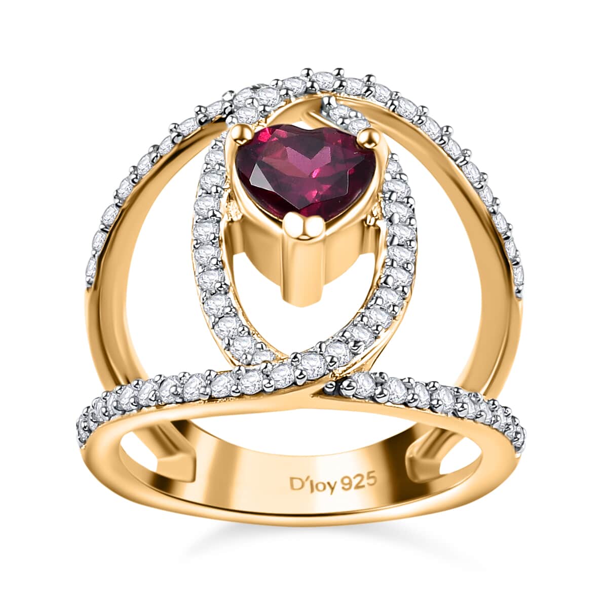 Mother’s Day Gift Orissa Rhodolite Garnet and Moissanite Double Row Intertwined Heart Ring in Vermeil Yellow Gold Over Sterling Silver (Size 5.0) 1.70 ctw image number 0