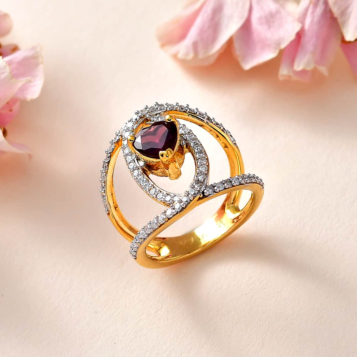 Mother’s Day Gift Orissa Rhodolite Garnet and Moissanite Double Row Intertwined Heart Ring in Vermeil Yellow Gold Over Sterling Silver (Size 5.0) 1.70 ctw image number 1