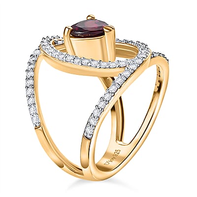 Orissa Rhodolite Garnet and Moissanite Double Row Intertwined Heart Ring in Vermeil Yellow Gold Over Sterling Silver (Size 5.0) 1.70 ctw