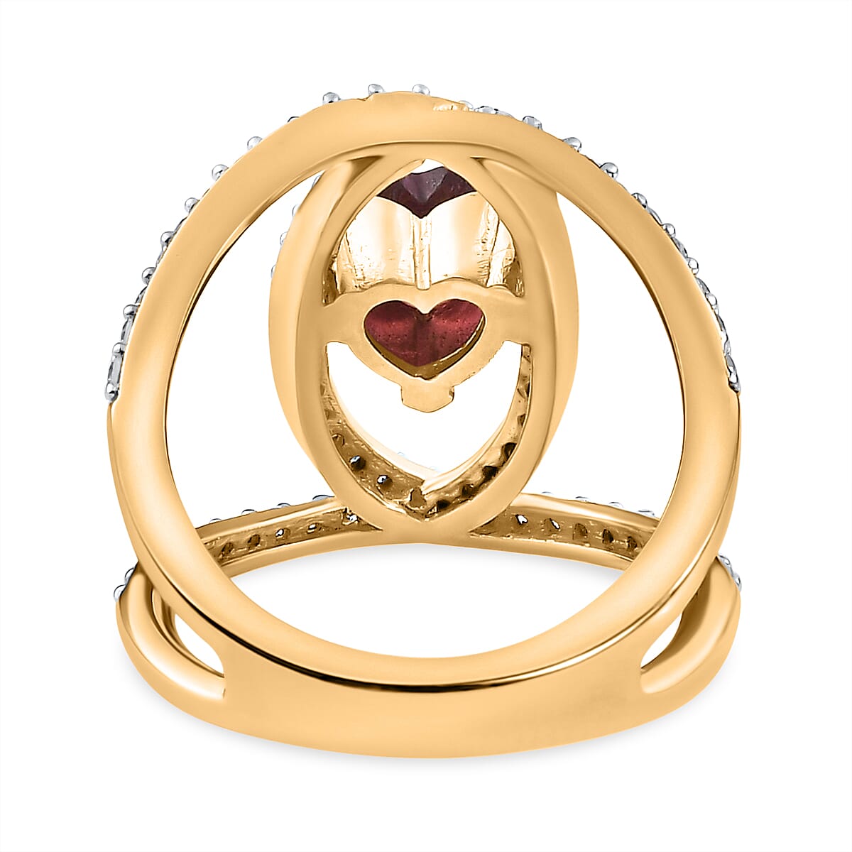 Orissa Rhodolite Garnet and Moissanite Double Row Intertwined Heart Ring in Vermeil Yellow Gold Over Sterling Silver (Size 5.0) 1.70 ctw