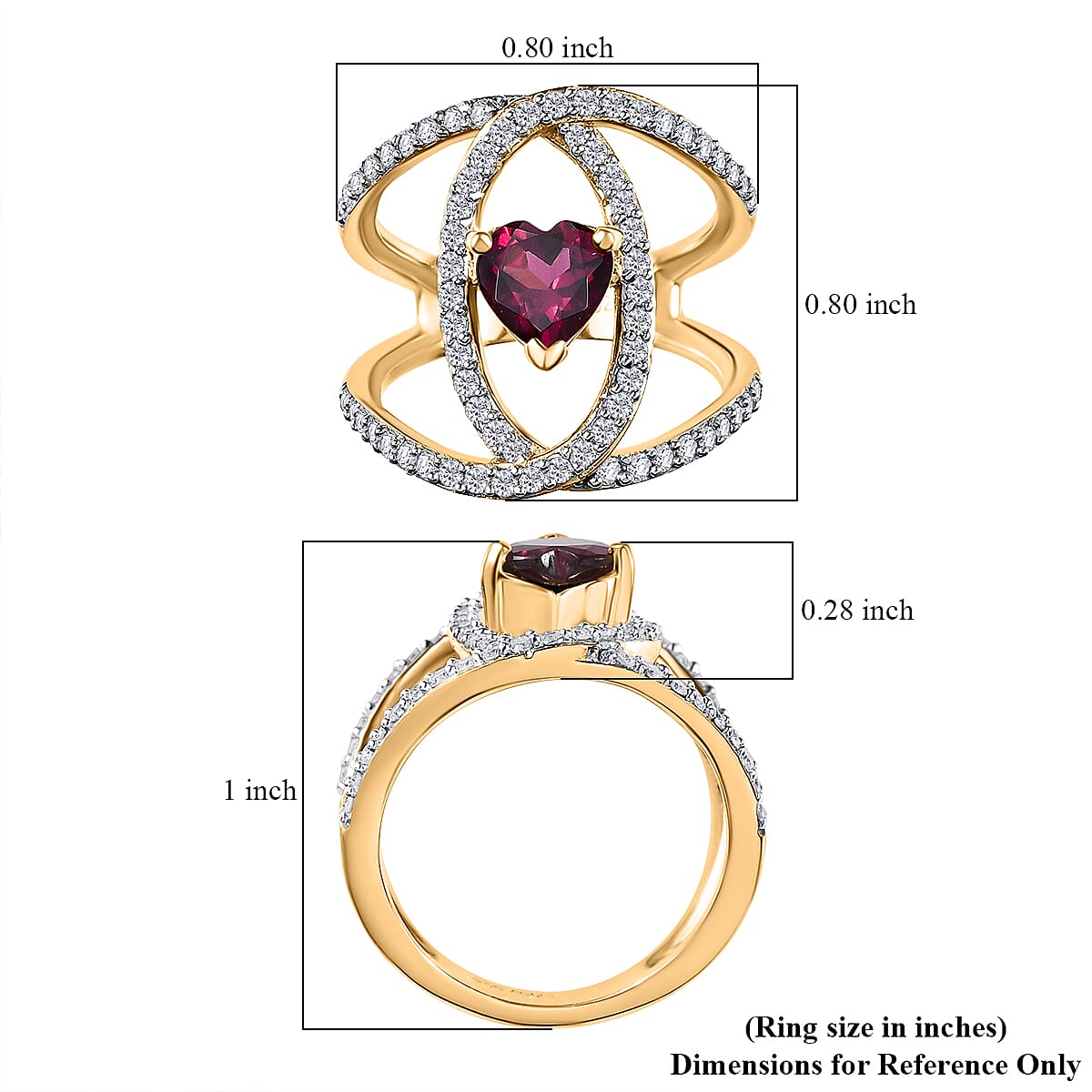 Orissa Rhodolite Garnet and Moissanite Double Row Intertwined Heart Ring in Vermeil Yellow Gold Over Sterling Silver (Size 5.0) 1.70 ctw