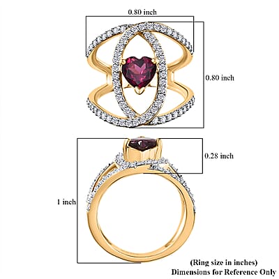 Orissa Rhodolite Garnet and Moissanite Double Row Intertwined Heart Ring in Vermeil Yellow Gold Over Sterling Silver (Size 5.0) 1.70 ctw