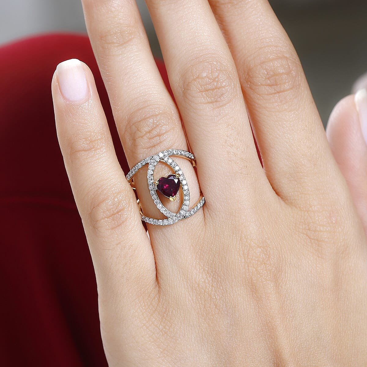 Orissa Rhodolite Garnet and Moissanite Double Row Intertwined Heart Ring in Vermeil Yellow Gold Over Sterling Silver (Size 8.0) 1.70 ctw image number 2