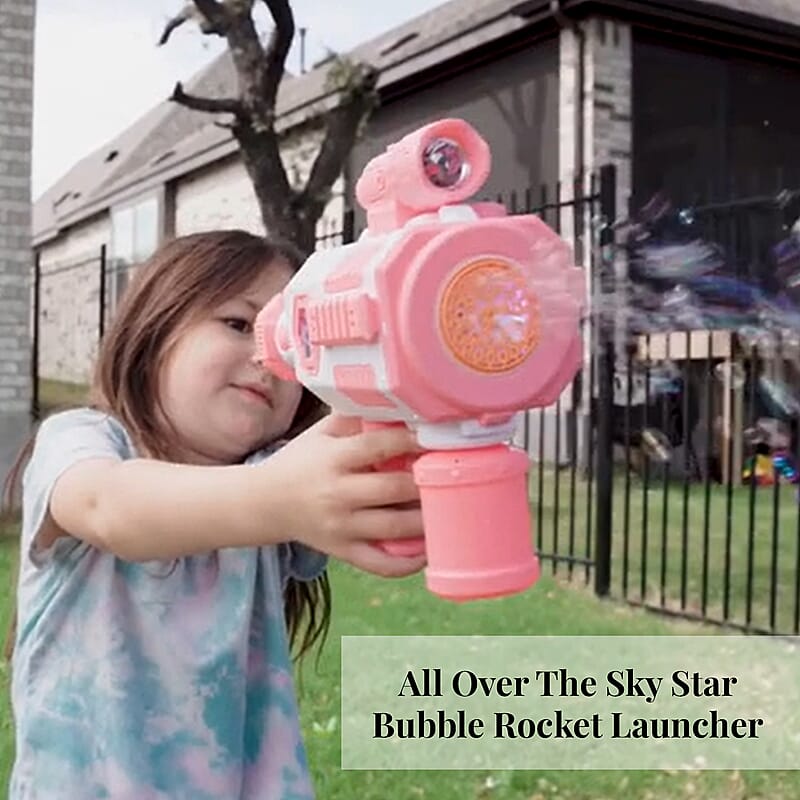 Pink and White 30 Holes Bubble Gun with Two Bottles of Bubble Liquid (4xAA Battery Not Included)