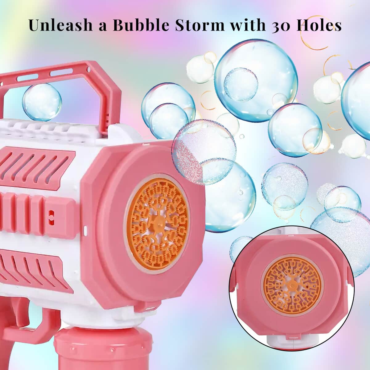 Pink and White 30 Holes Bubble Gun with Two Bottles of Bubble Liquid (4xAA Battery Not Included) image number 2