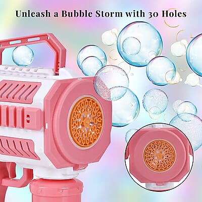 Pink and White 30 Holes Bubble Gun with Two Bottles of Bubble Liquid (4xAA Battery Not Included)