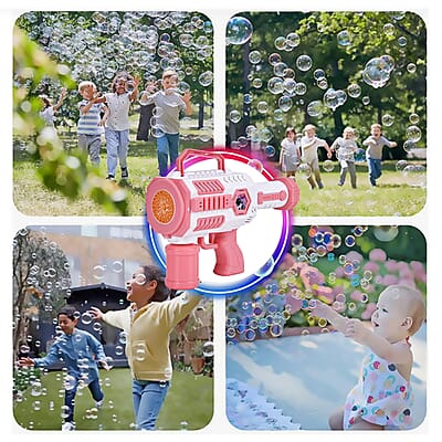 Pink and White 30 Holes Bubble Gun with Two Bottles of Bubble Liquid (4xAA Battery Not Included)