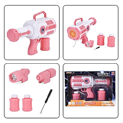 Pink and White 30 Holes Bubble Gun with Two Bottles of Bubble Liquid (4xAA Battery Not Included)