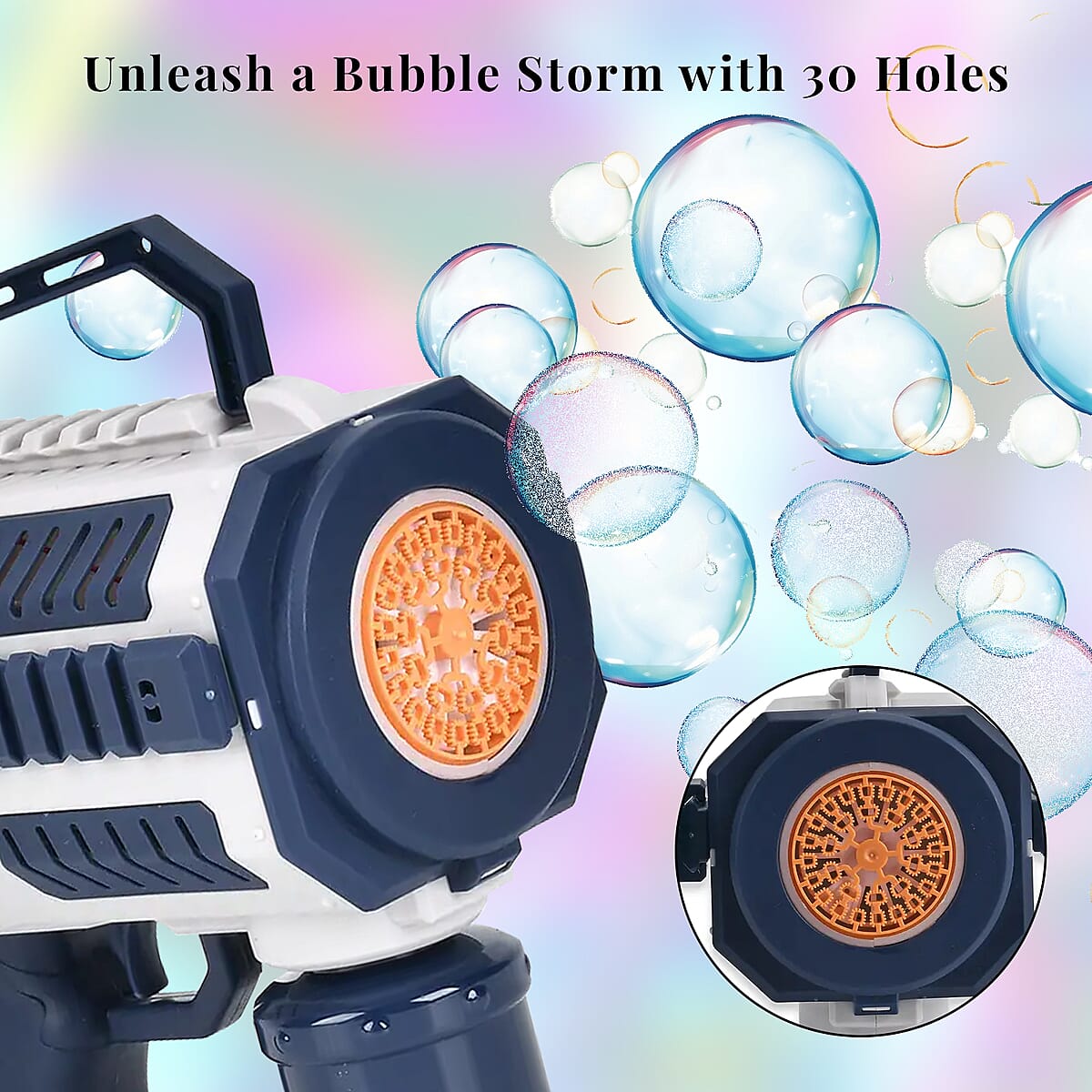 Blue and White 30 Holes Bubble Gun with Two Bottles of Bubble Liquid (4xAA Battery Not Included) image number 2