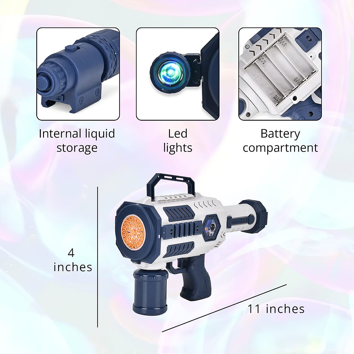 Blue and White 30 Holes Bubble Gun with Two Bottles of Bubble Liquid (4xAA Battery Not Included) image number 4