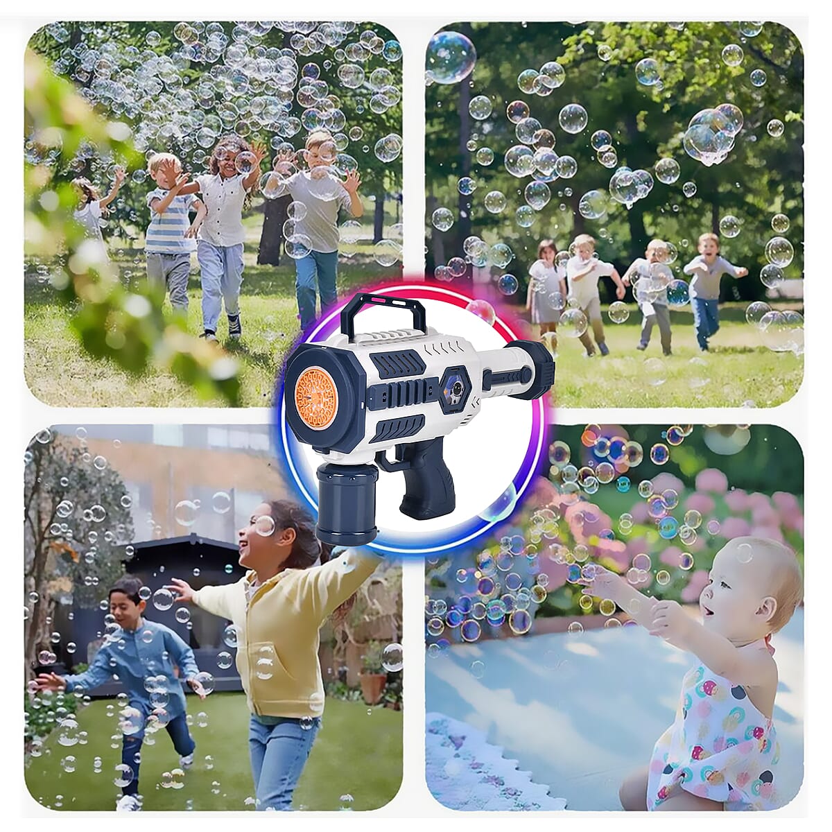 Blue and White 30 Holes Bubble Gun with Two Bottles of Bubble Liquid (4xAA Battery Not Included) image number 5
