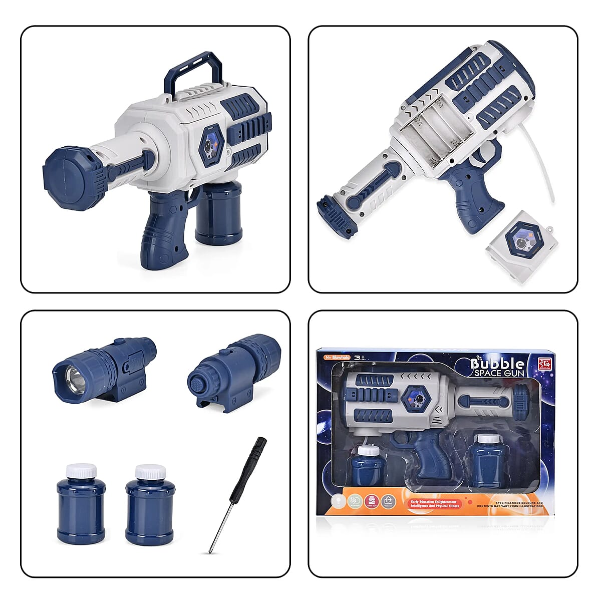 Blue and White 30 Holes Bubble Gun with Two Bottles of Bubble Liquid (4xAA Battery Not Included) image number 6