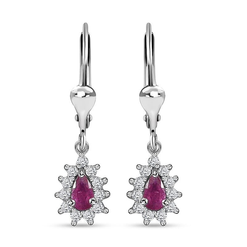 Premium Montepuez Ruby and White Zircon Sunburst Lever Back Earrings in Platinum Over Sterling Silver 0.85 ctw