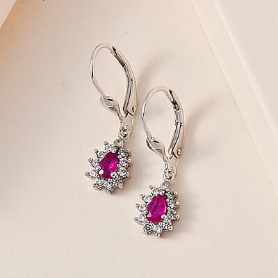 Premium Montepuez Ruby and White Zircon Sunburst Lever Back Earrings in Platinum Over Sterling Silver 0.85 ctw