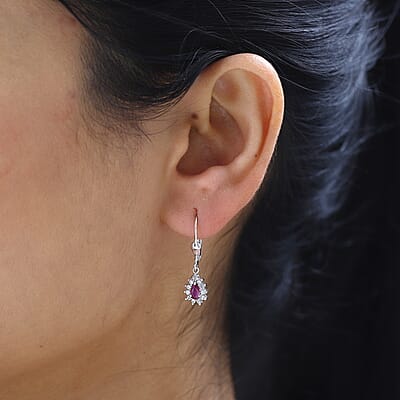 Premium Montepuez Ruby and White Zircon Sunburst Lever Back Earrings in Platinum Over Sterling Silver 0.85 ctw