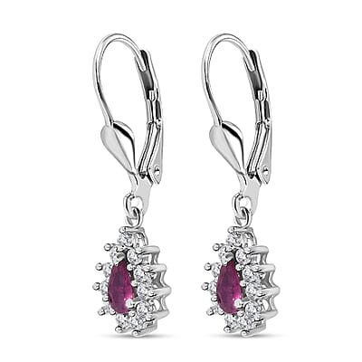 Premium Montepuez Ruby and White Zircon Sunburst Lever Back Earrings in Platinum Over Sterling Silver 0.85 ctw