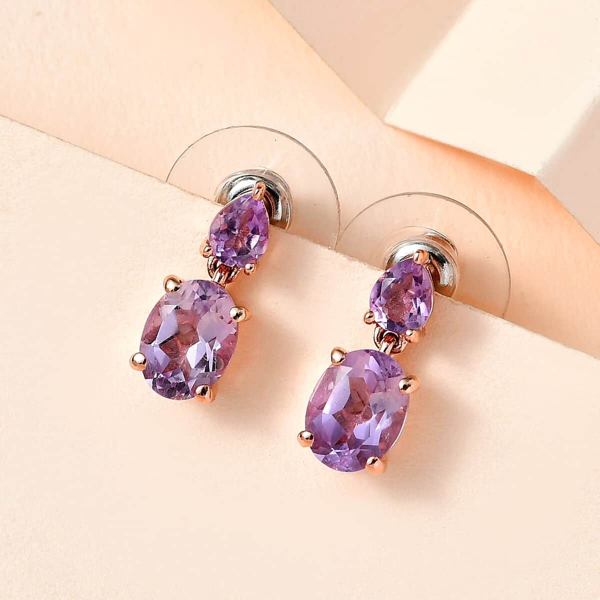 Rose De France Amethyst 2.90 ctw Stud Earrings in Vermeil Rose Gold Over Sterling Silver image number 1