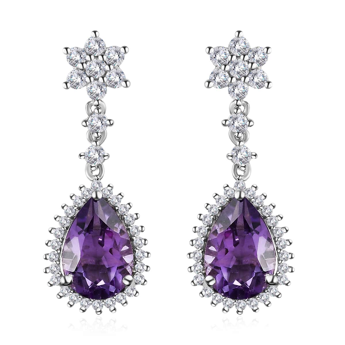 Rose De France Amethyst and White Zircon Dangle Earrings in Platinum Over Sterling Silver 7.35 ctw image number 0