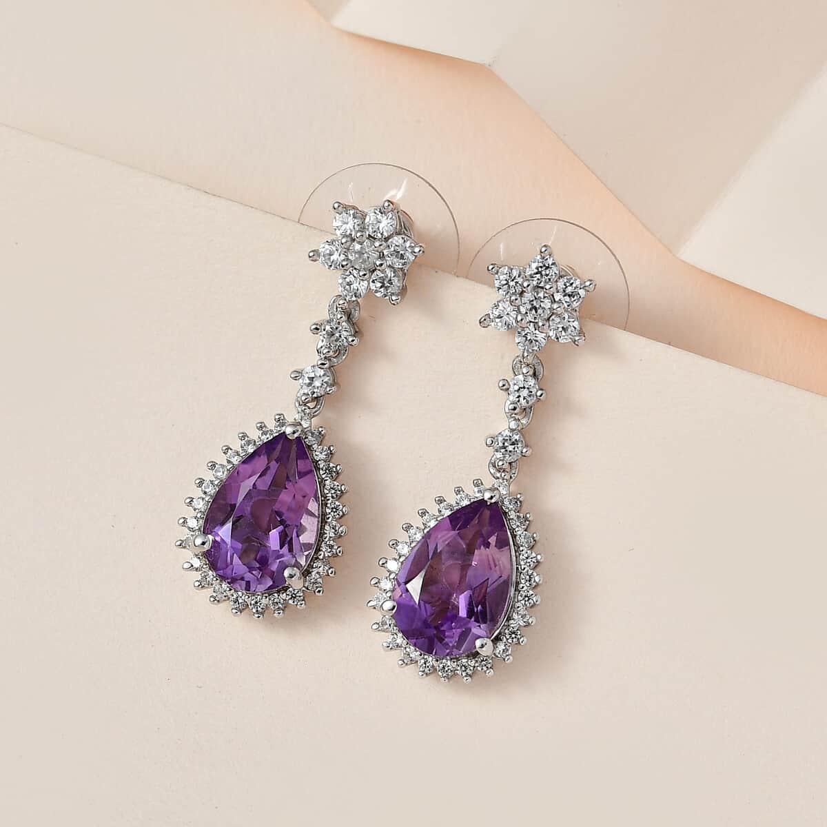 Rose De France Amethyst and White Zircon Dangle Earrings in Platinum Over Sterling Silver 7.35 ctw image number 1