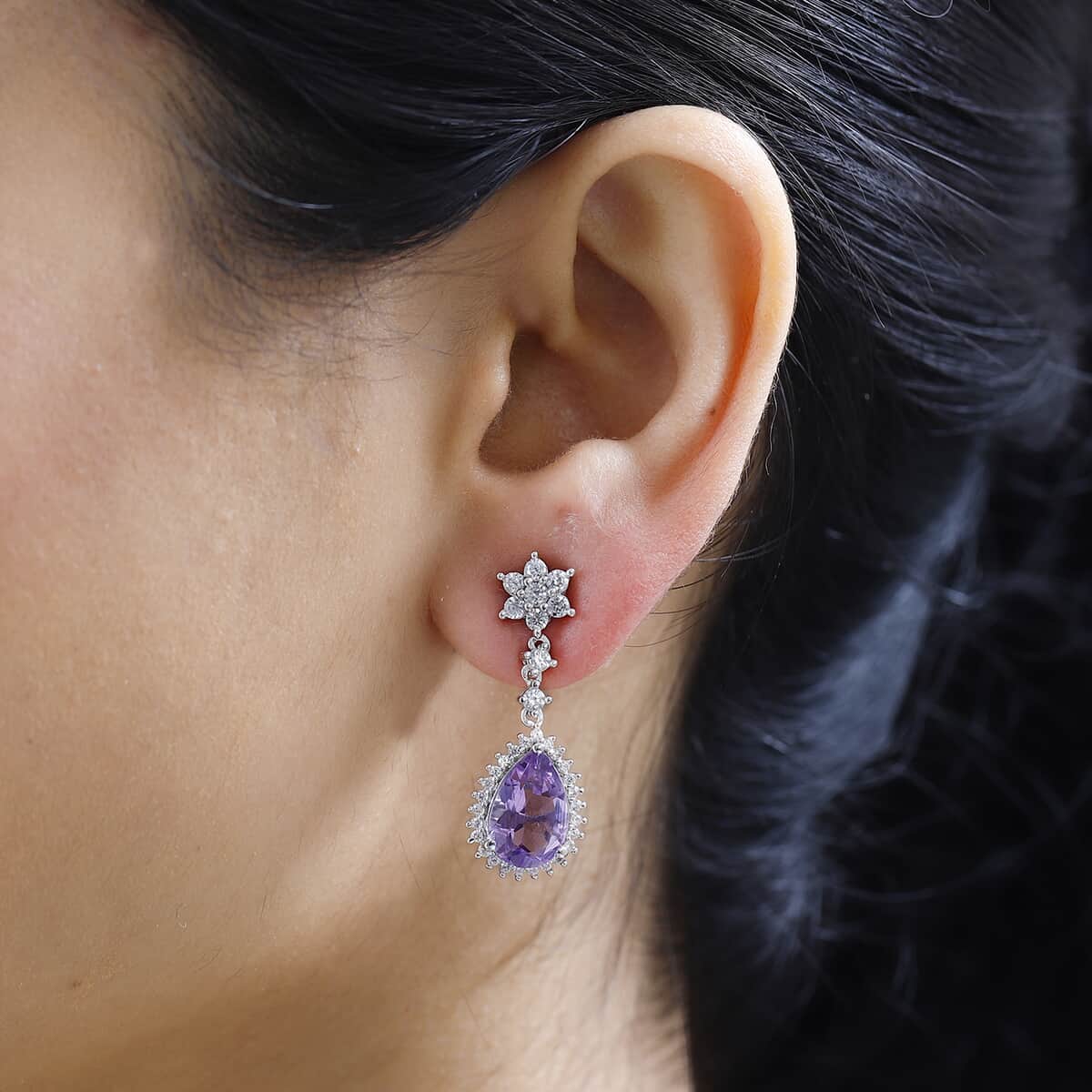 Rose De France Amethyst and White Zircon Dangle Earrings in Platinum Over Sterling Silver 7.35 ctw image number 2