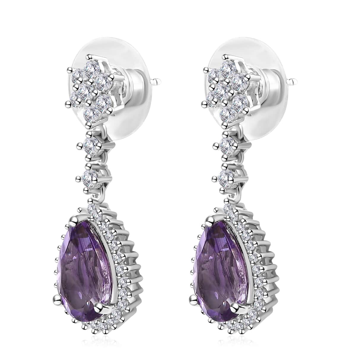 Rose De France Amethyst and White Zircon Dangle Earrings in Platinum Over Sterling Silver 7.35 ctw image number 3