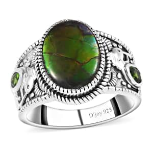 Artisan Crafted Canadian Ammolite and Chrome Diopside Ring in Sterling Silver (Size 10.0) 0.35 ctw