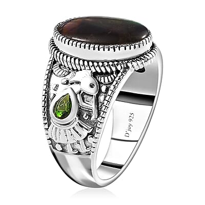Artisan Crafted Canadian Ammolite and Chrome Diopside Ring in Sterling Silver (Size 10.0) 0.35 ctw