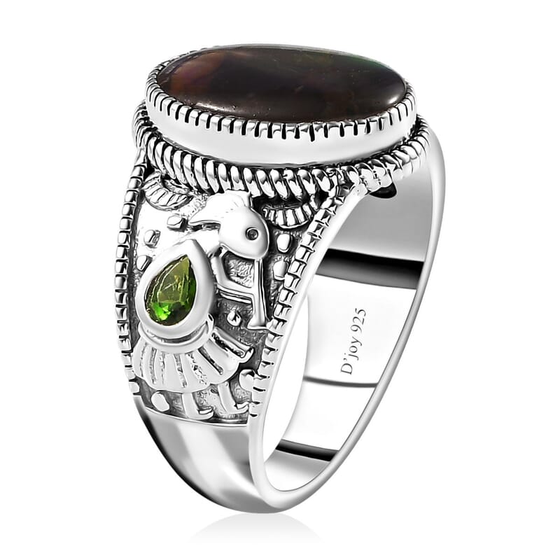 Artisan Crafted Canadian Ammolite and Chrome Diopside Ring in Sterling Silver (Size 10.0) 0.35 ctw