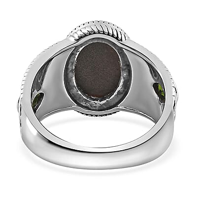Artisan Crafted Canadian Ammolite and Chrome Diopside Ring in Sterling Silver (Size 10.0) 0.35 ctw